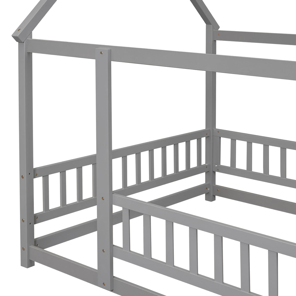 Full Size Floor Wooden Bed With House Roof Frame, Fence Guardrails ,Grey Old Sku:W50471474 Full Grey Pine