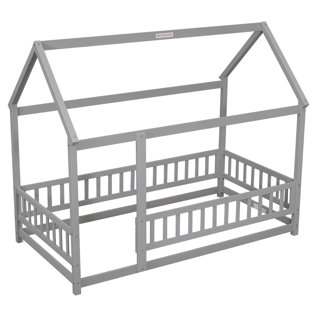 Twin Size Floor Wooden Bed With House Roof Frame, Fence Guardrails,Grey Old Sku:W50471471 Twin Grey Pine