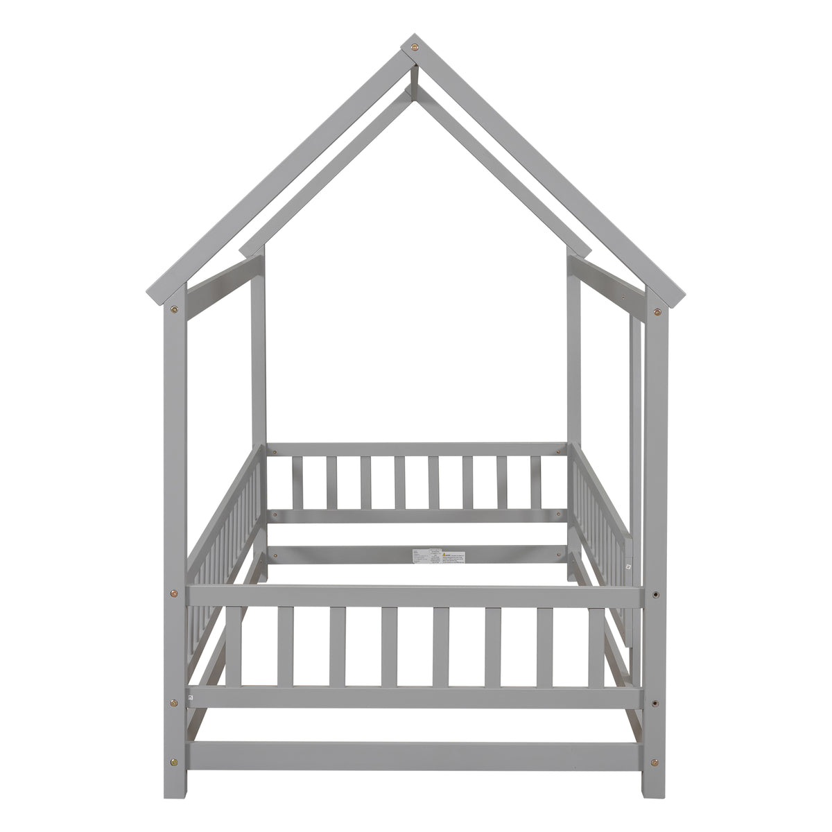Twin Size Floor Wooden Bed With House Roof Frame, Fence Guardrails,Grey Old Sku:W50471471 Twin Grey Pine