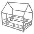 Full Size Floor Wooden Bed With House Roof Frame, Fence Guardrails ,Grey Old Sku:W50471474 Full Grey Pine