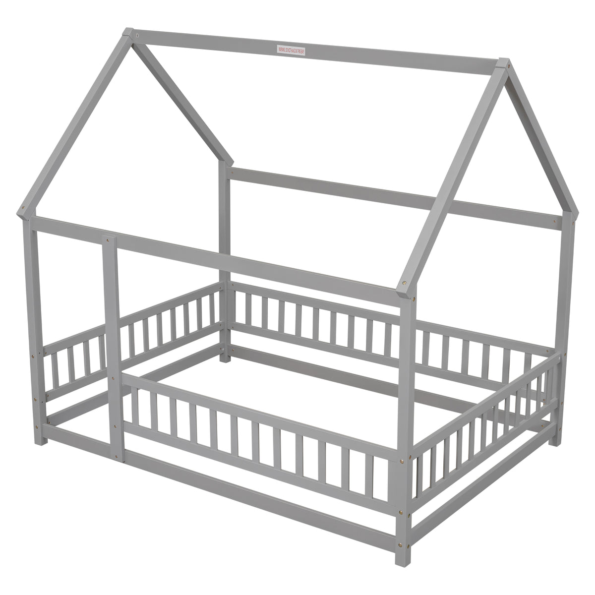 Full Size Floor Wooden Bed With House Roof Frame, Fence Guardrails ,Grey Old Sku:W50471474 Full Grey Pine
