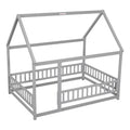 Full Size Floor Wooden Bed With House Roof Frame, Fence Guardrails ,Grey Old Sku:W50471474 Full Grey Pine