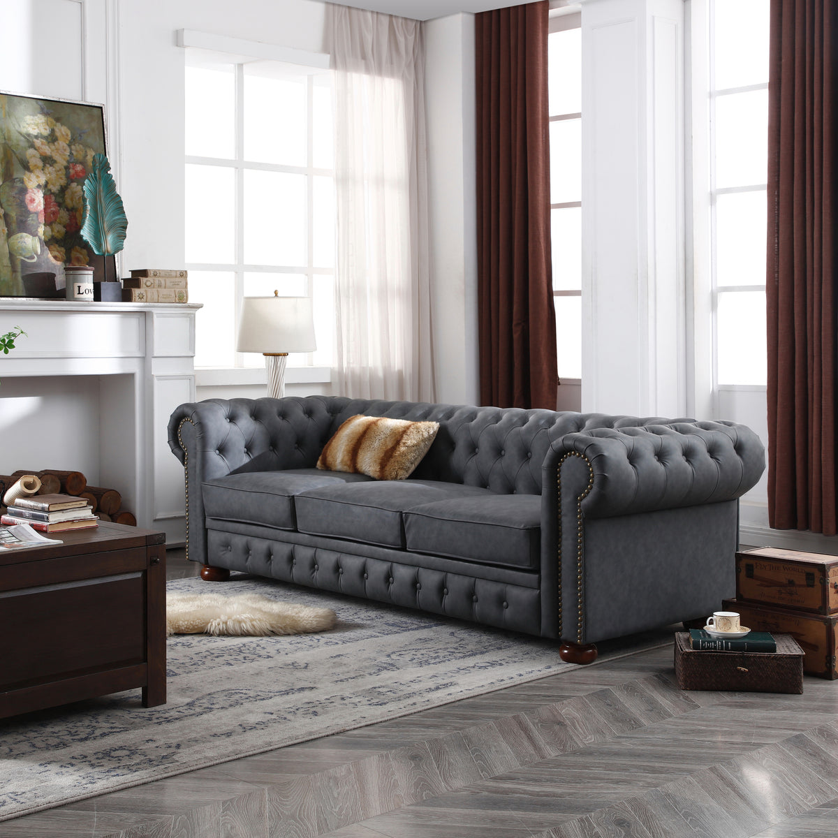 Classic Chesterfield Sofa Dark Grey Faux Leather Dark Grey Foam Technical Leather