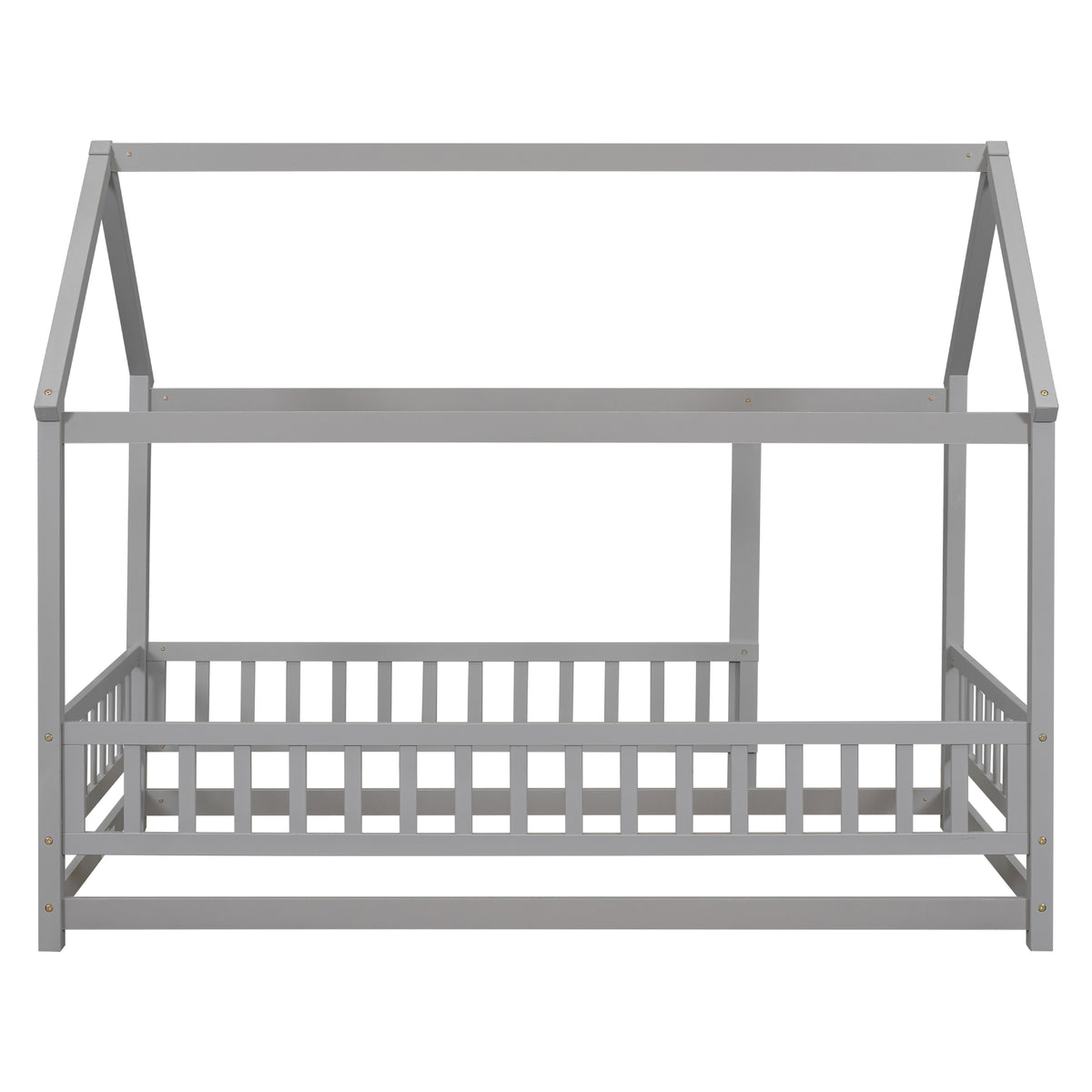 Twin Size Floor Wooden Bed With House Roof Frame, Fence Guardrails,Grey Old Sku:W50471471 Twin Grey Pine