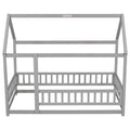Twin Size Floor Wooden Bed With House Roof Frame, Fence Guardrails,Grey Old Sku:W50471471 Twin Grey Pine