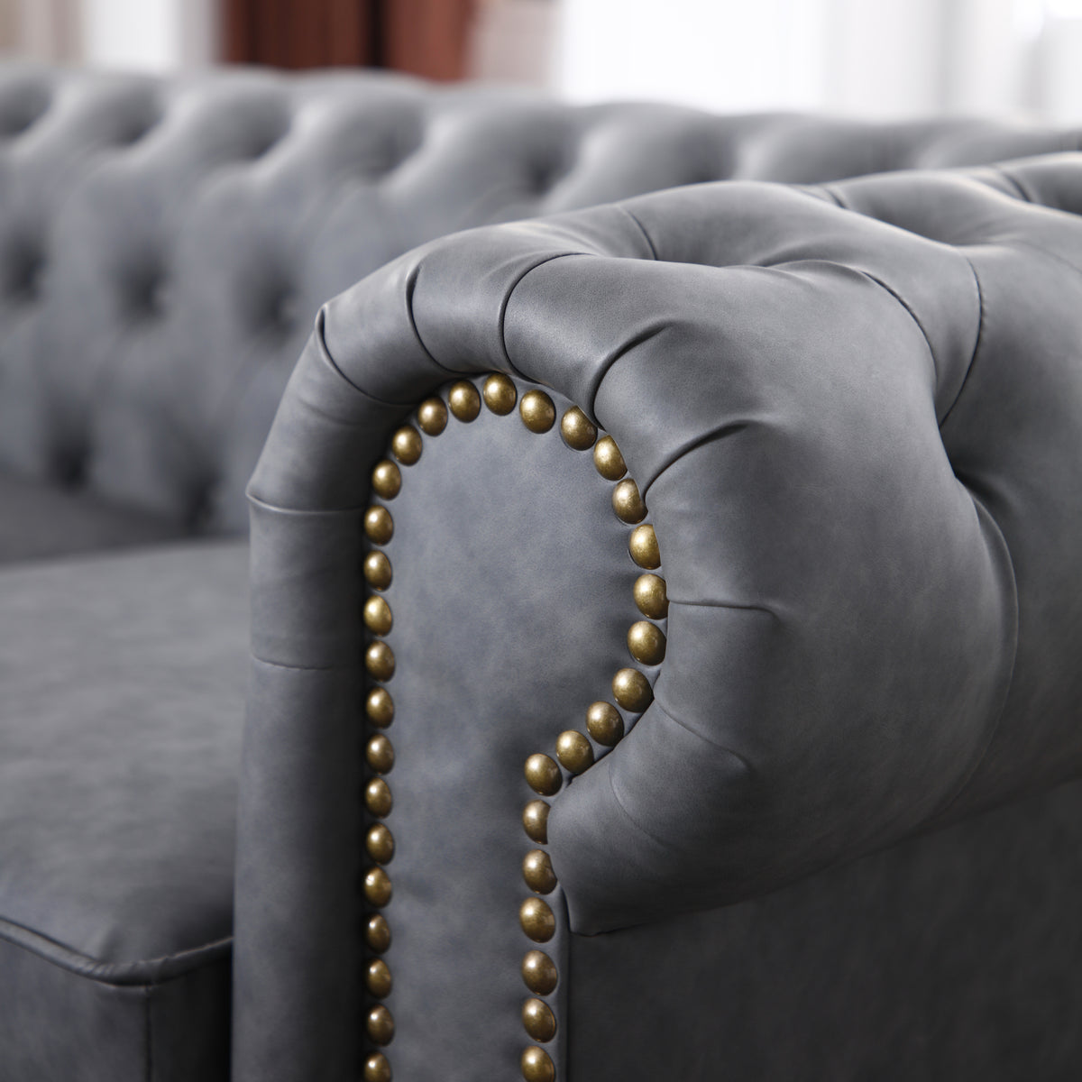 Classic Chesterfield Sofa Dark Grey Faux Leather Dark Grey Foam Technical Leather
