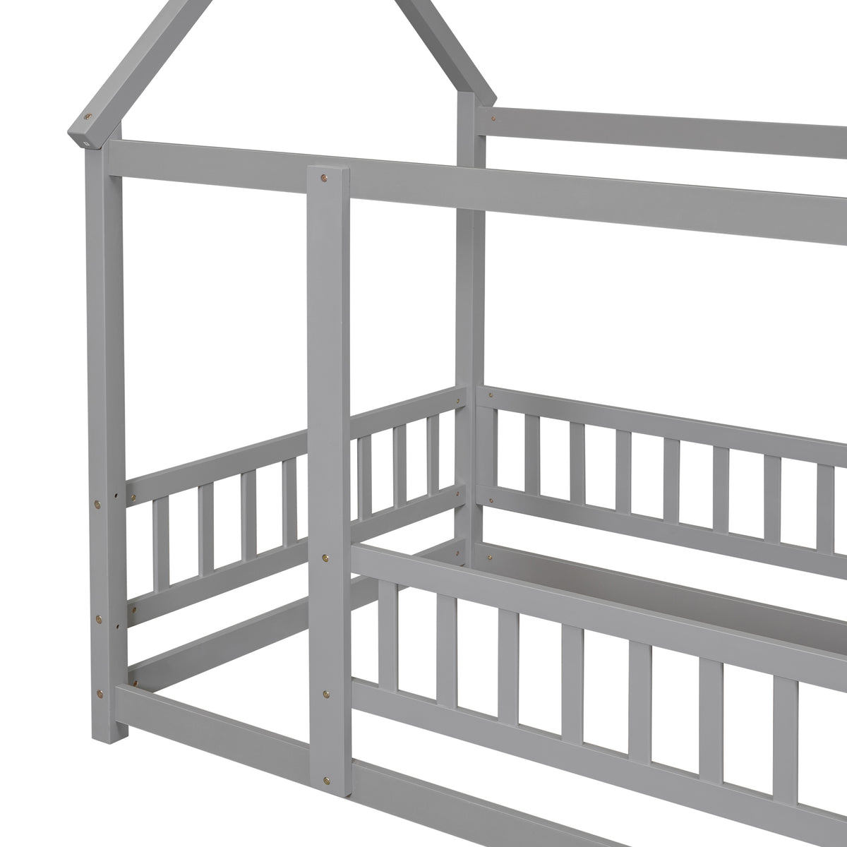Twin Size Floor Wooden Bed With House Roof Frame, Fence Guardrails,Grey Old Sku:W50471471 Twin Grey Pine