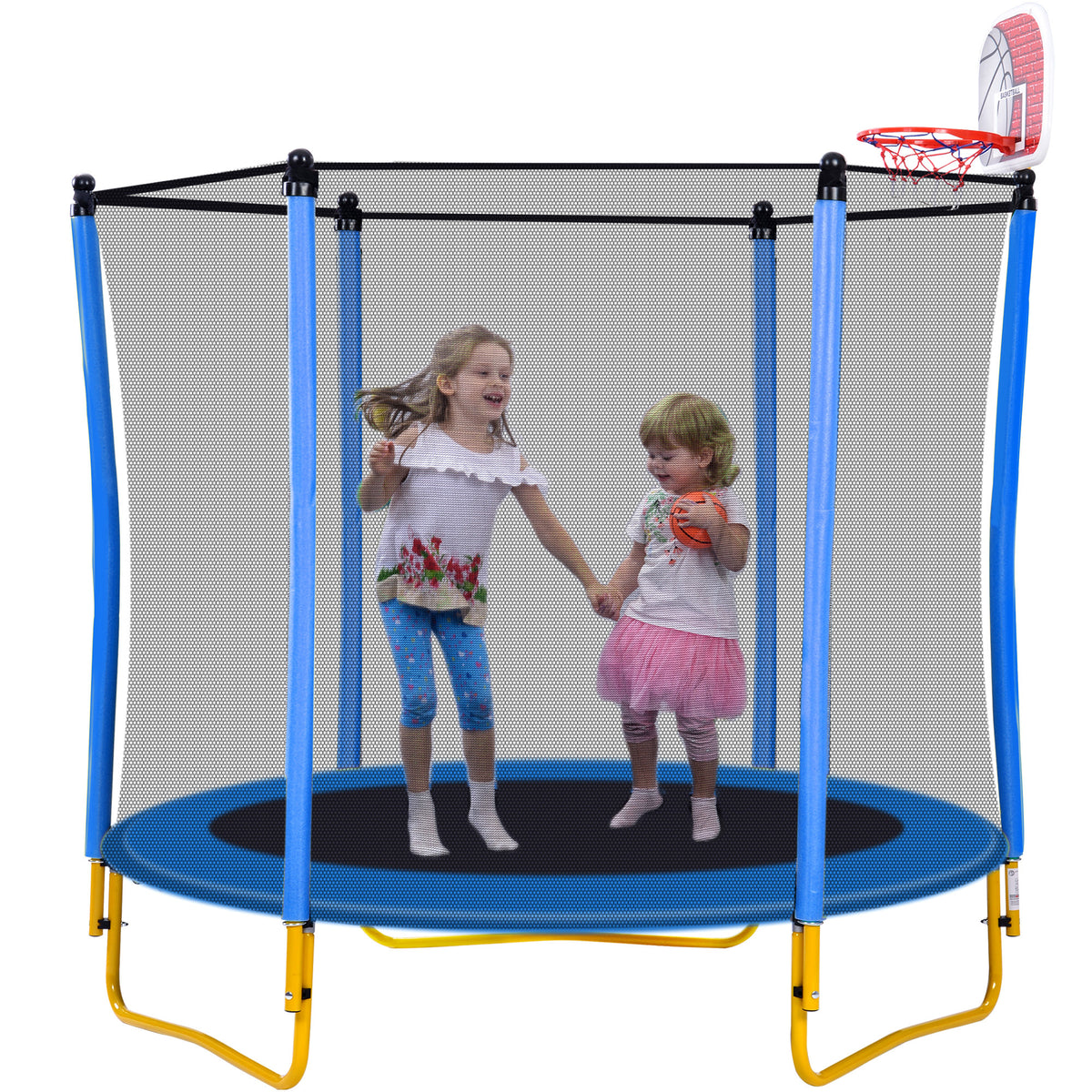 5.5Ft Trampoline For Kids 65" Outdoor & Indoor Mini Toddler Trampoline With Enclosure, Basketball Hoop And Ball Included Blue Metal