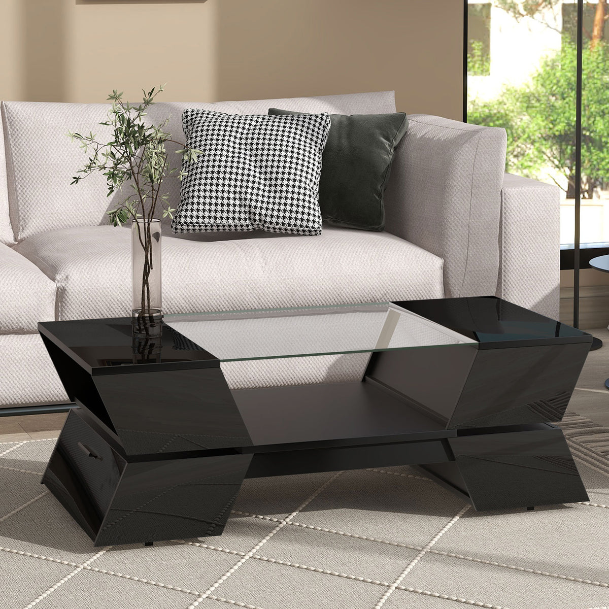6Mm Glass Top Coffee Table With Open Shelves And Cabinets, Geometric Style Cocktail Table With Great Storage Capacity, Modernist 2 Tier Center Table For Living Room, Black Black Particle Board
