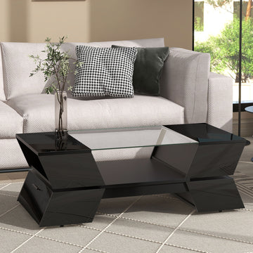 6Mm Glass Top Coffee Table With Open Shelves And Cabinets, Geometric Style Cocktail Table With Great Storage Capacity, Modernist 2 Tier Center Table For Living Room, Black Black Particle Board
