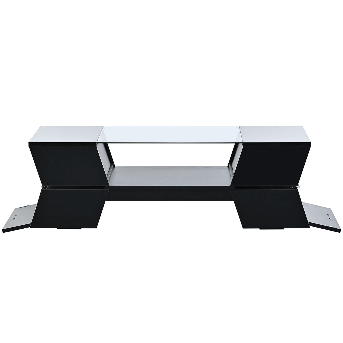 6Mm Glass Top Coffee Table With Open Shelves And Cabinets, Geometric Style Cocktail Table With Great Storage Capacity, Modernist 2 Tier Center Table For Living Room, Black Black Particle Board