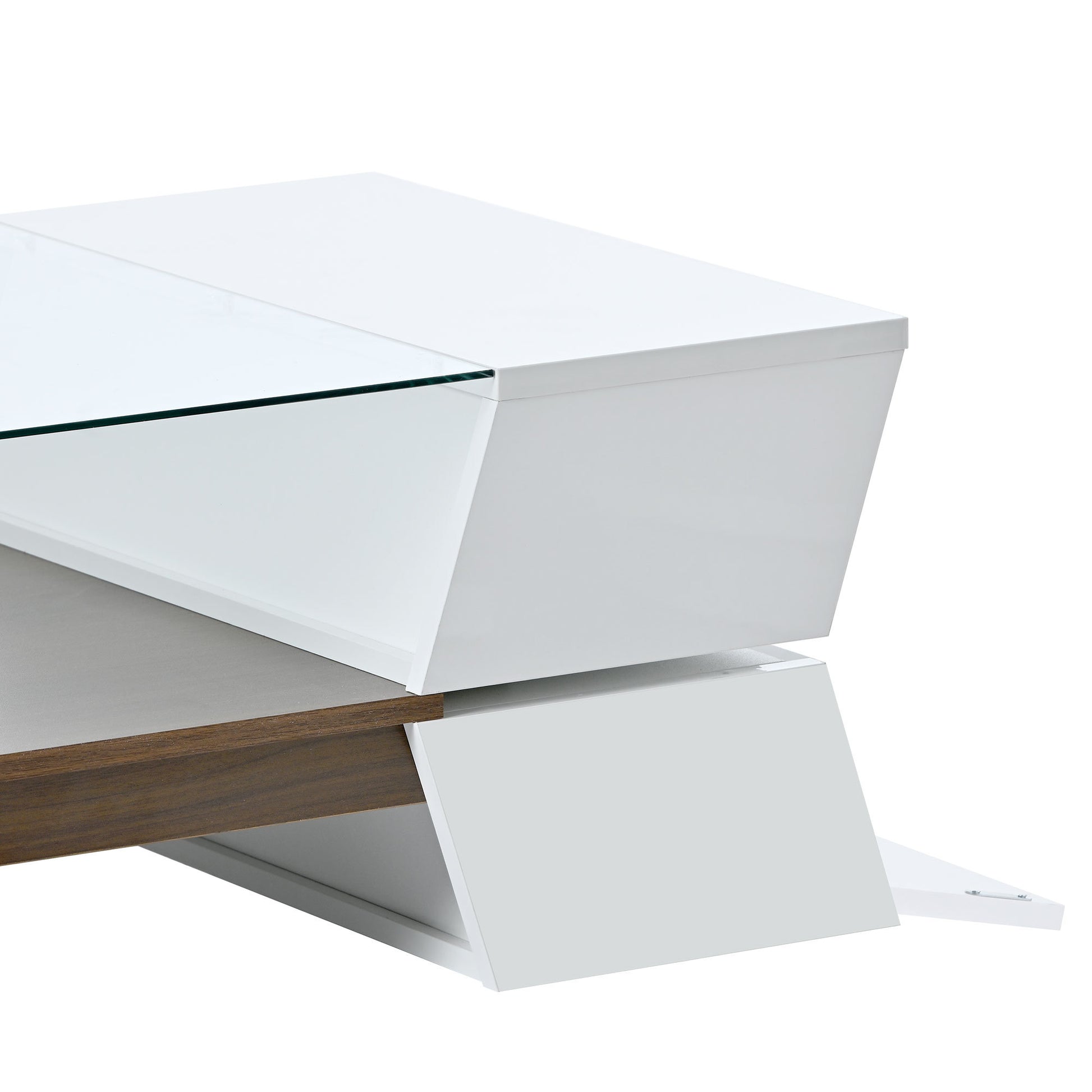 6Mm Glass Top Coffee Table With Open Shelves And Cabinets, Geometric Style Cocktail Table With Great Storage Capacity, Modernist 2 Tier Center Table For Living Room, White White Particle Board