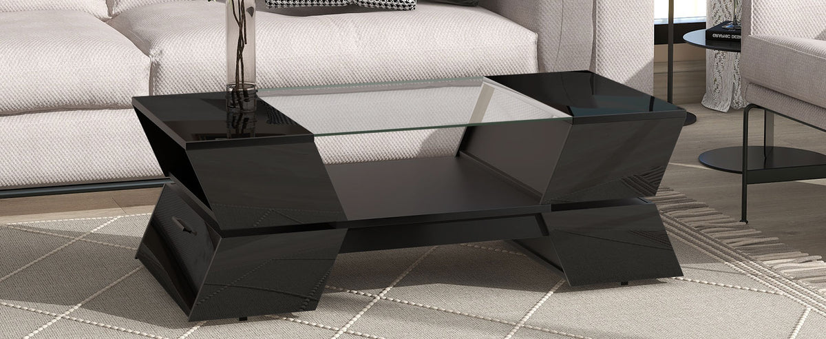 6Mm Glass Top Coffee Table With Open Shelves And Cabinets, Geometric Style Cocktail Table With Great Storage Capacity, Modernist 2 Tier Center Table For Living Room, Black Black Particle Board