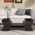 6Mm Glass Top Coffee Table With Open Shelves And Cabinets, Geometric Style Cocktail Table With Great Storage Capacity, Modernist 2 Tier Center Table For Living Room, Black Black Particle Board