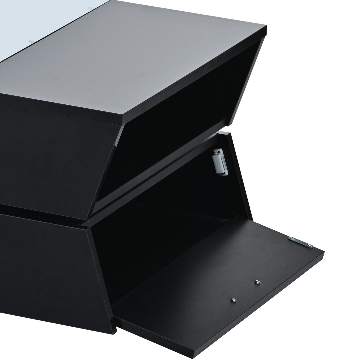 6Mm Glass Top Coffee Table With Open Shelves And Cabinets, Geometric Style Cocktail Table With Great Storage Capacity, Modernist 2 Tier Center Table For Living Room, Black Black Particle Board