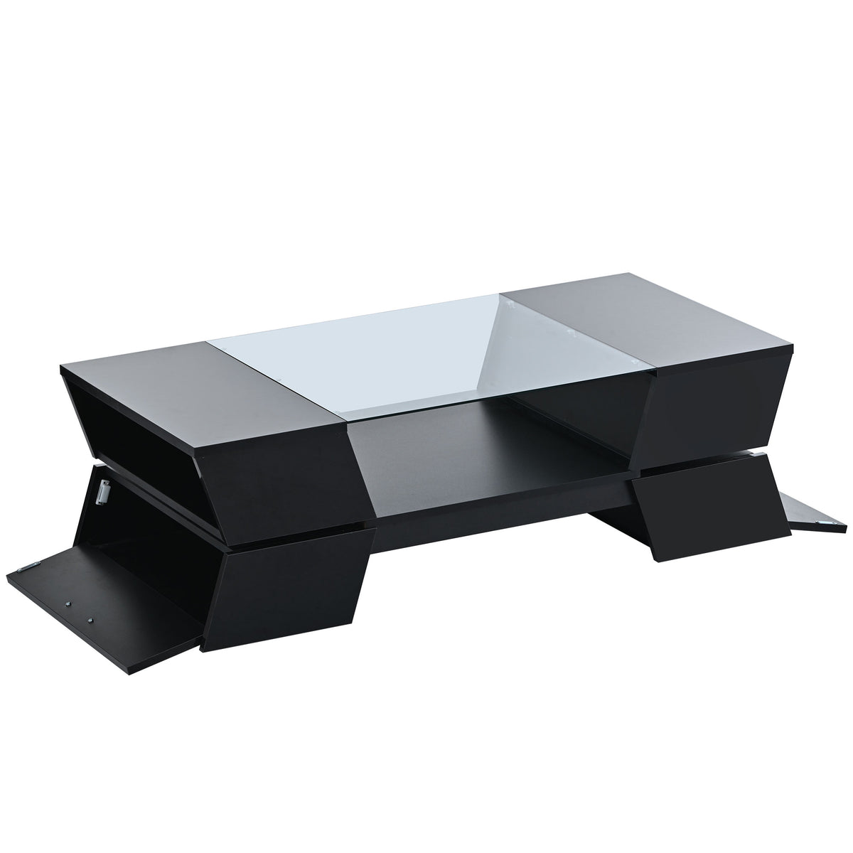 6Mm Glass Top Coffee Table With Open Shelves And Cabinets, Geometric Style Cocktail Table With Great Storage Capacity, Modernist 2 Tier Center Table For Living Room, Black Black Particle Board