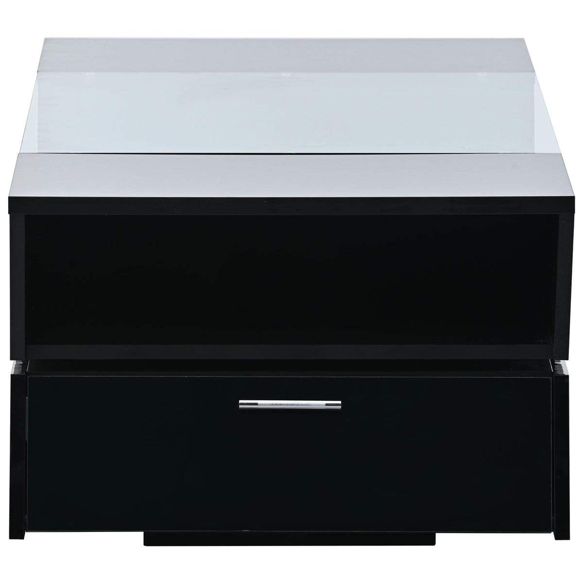 6Mm Glass Top Coffee Table With Open Shelves And Cabinets, Geometric Style Cocktail Table With Great Storage Capacity, Modernist 2 Tier Center Table For Living Room, Black Black Particle Board