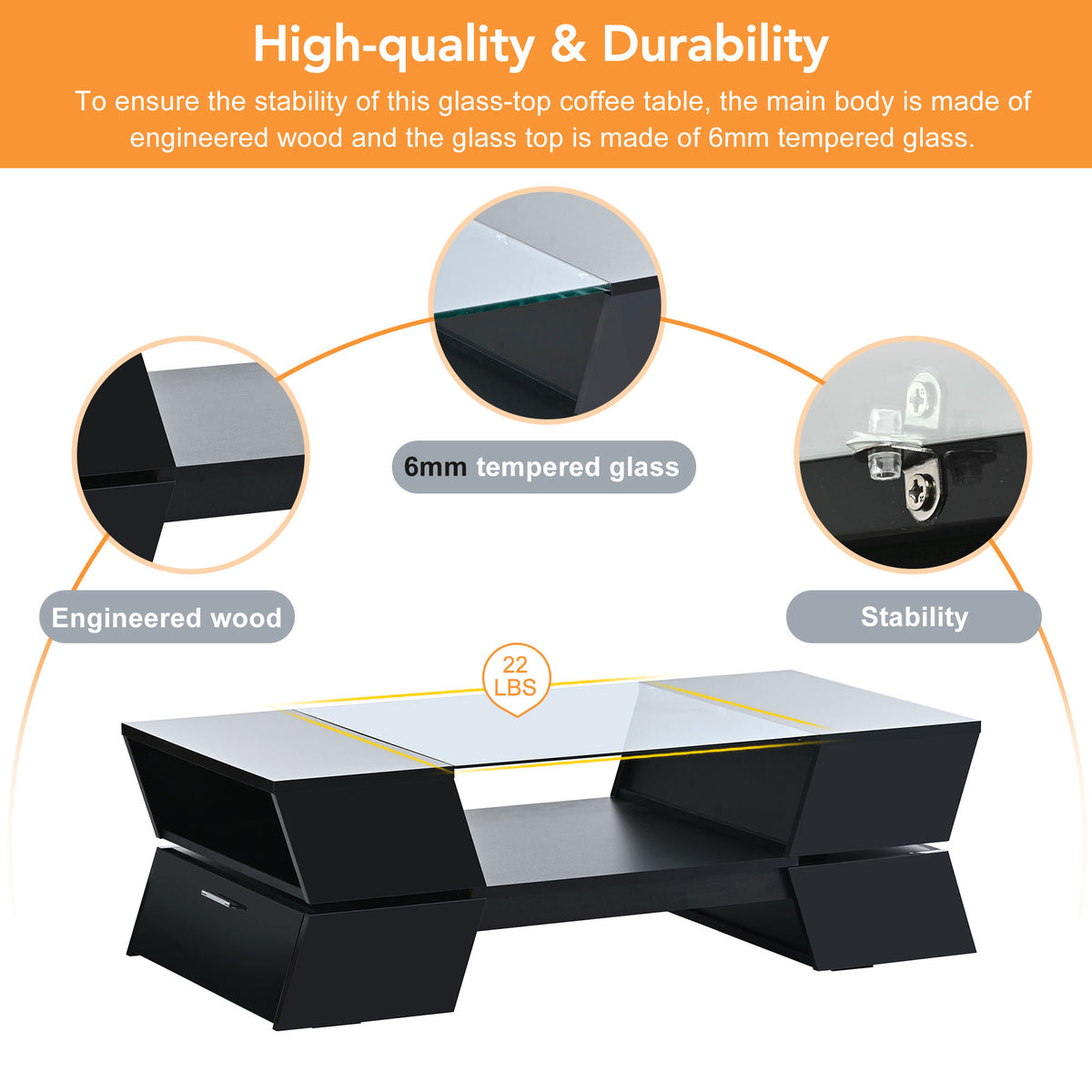 6Mm Glass Top Coffee Table With Open Shelves And Cabinets, Geometric Style Cocktail Table With Great Storage Capacity, Modernist 2 Tier Center Table For Living Room, Black Black Particle Board