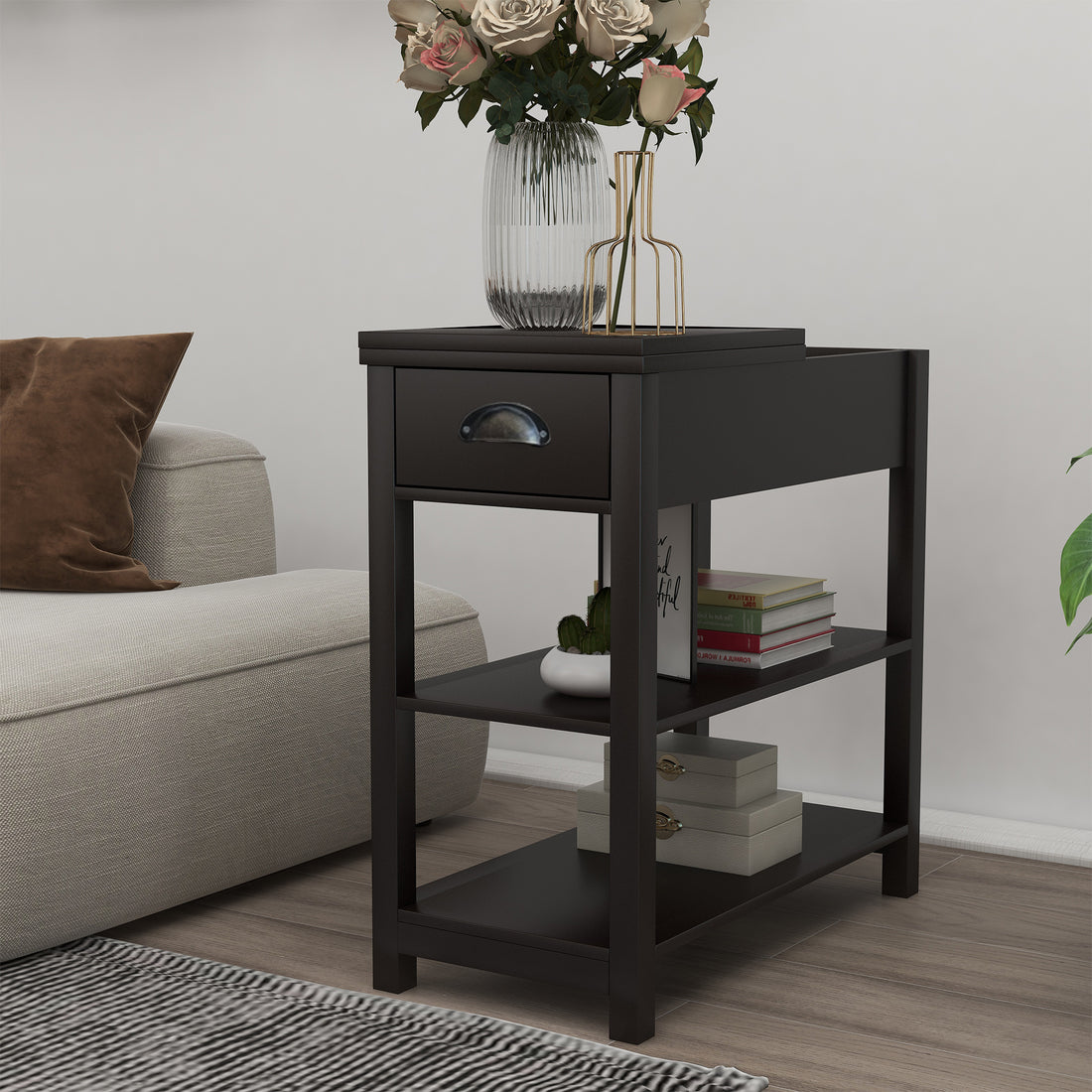 Narrow Sided Table With Drawers And Bottom Partition In Flip Over Design Brown Brown Mdf