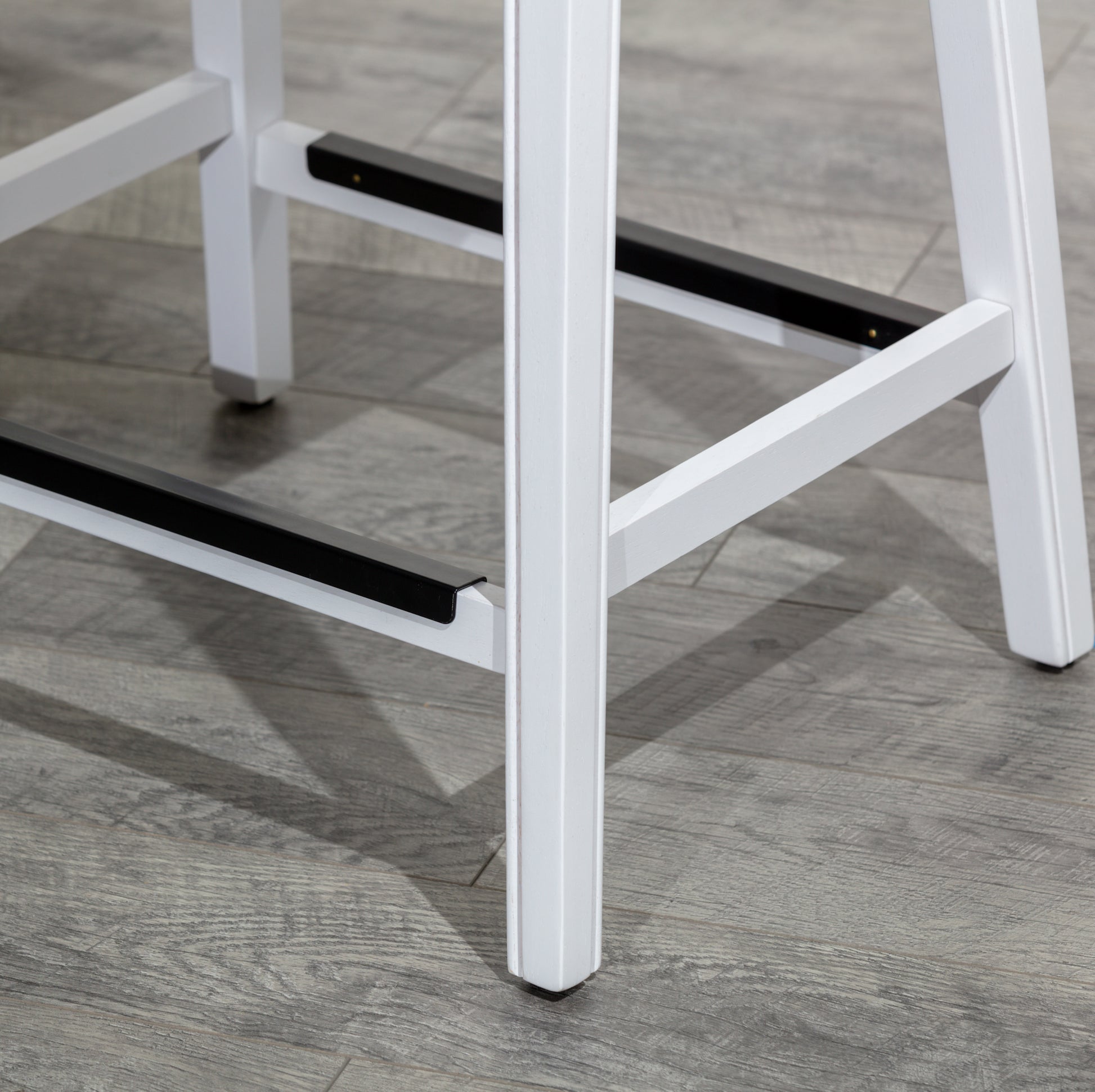 24" Counter Height Saddle Stool, Weathered Gray Finish, Black Leather Seat Gray Polyester Bonded Leather