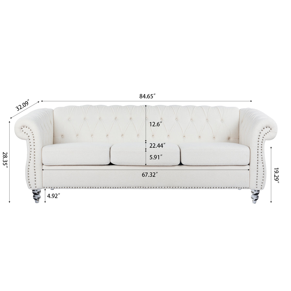 84.65" Rolled Arm Chesterfield 3 Seater Sofa White Polyester 3 Seat