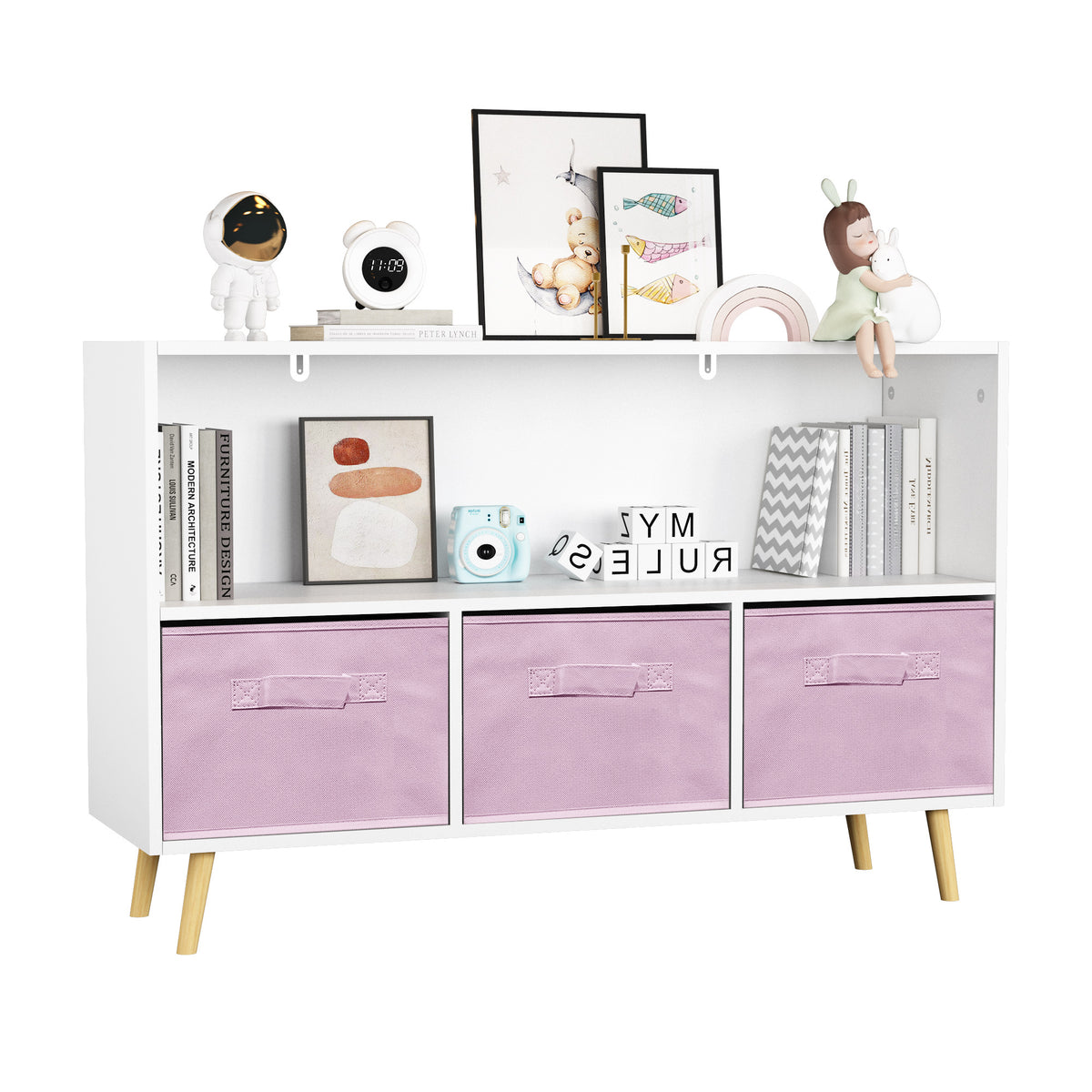Kids Bookcase With Collapsible Fabric Drawers, Children'S Book Display, Toy Storage Cabinet Organizer, White Pink White Pink Mdf