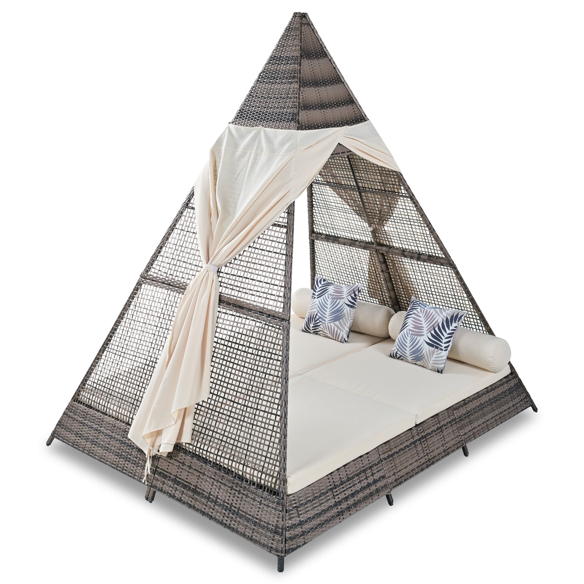 90.5" Length Outdoor Sunbed With Colorful Pillows, Wicker Patio Daybed With Cushions, Tent Shape, Brown And Beige Yes Beige Wicker