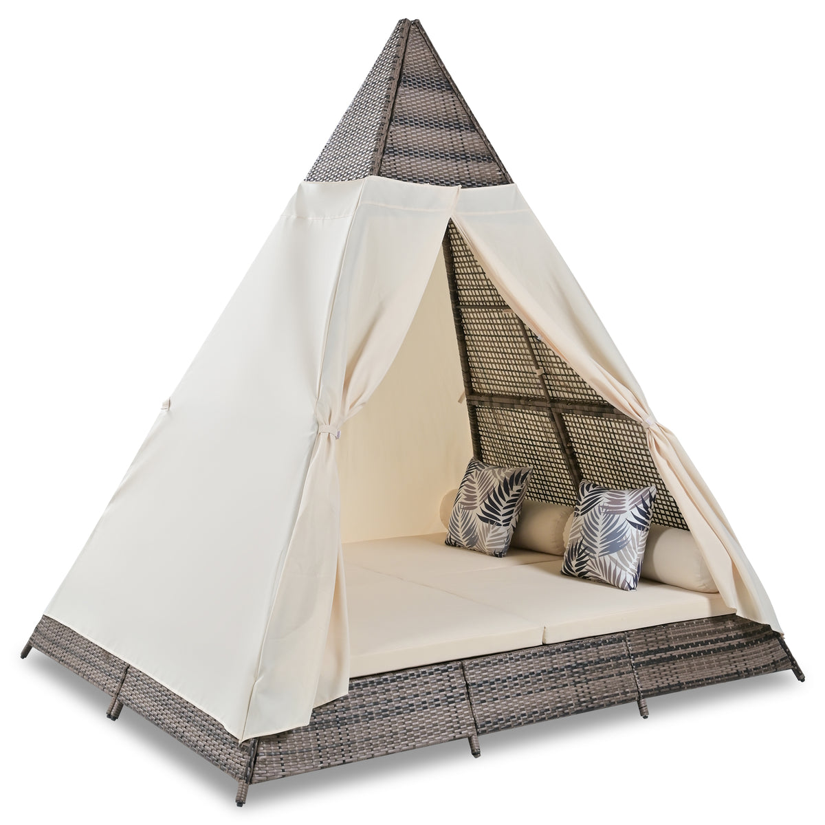 90.5" Length Outdoor Sunbed With Colorful Pillows, Wicker Patio Daybed With Cushions, Tent Shape, Brown And Beige Yes Beige Wicker