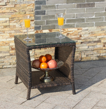 Outdoor Patio Furniture 1 Coffee Table With Clear Tempered Glass Brown Rattan