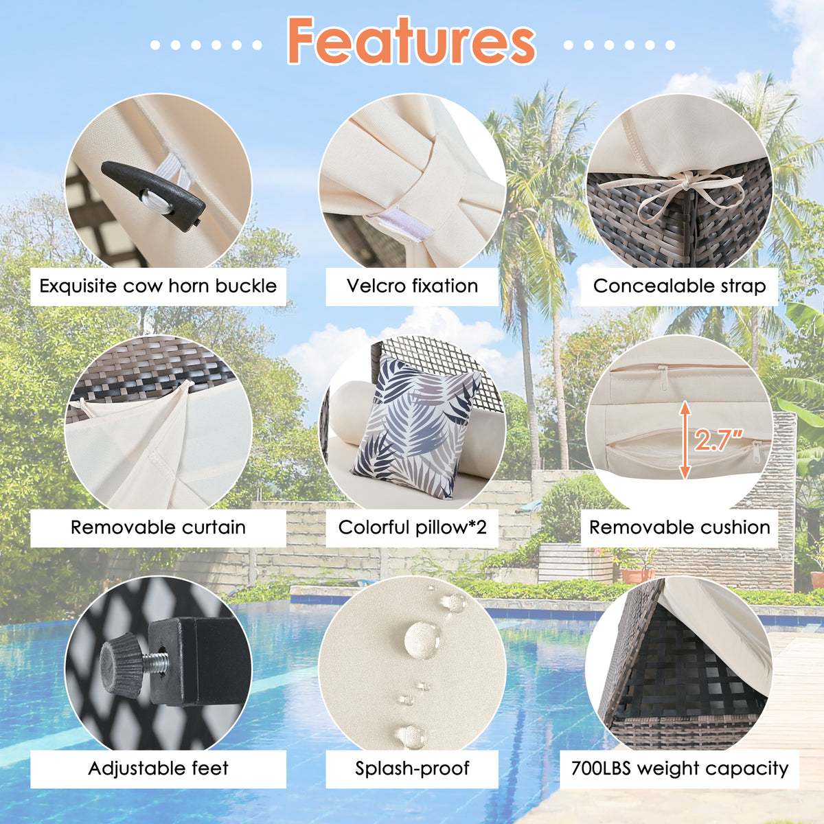 90.5" Length Outdoor Sunbed With Colorful Pillows, Wicker Patio Daybed With Cushions, Tent Shape, Brown And Beige Yes Beige Wicker
