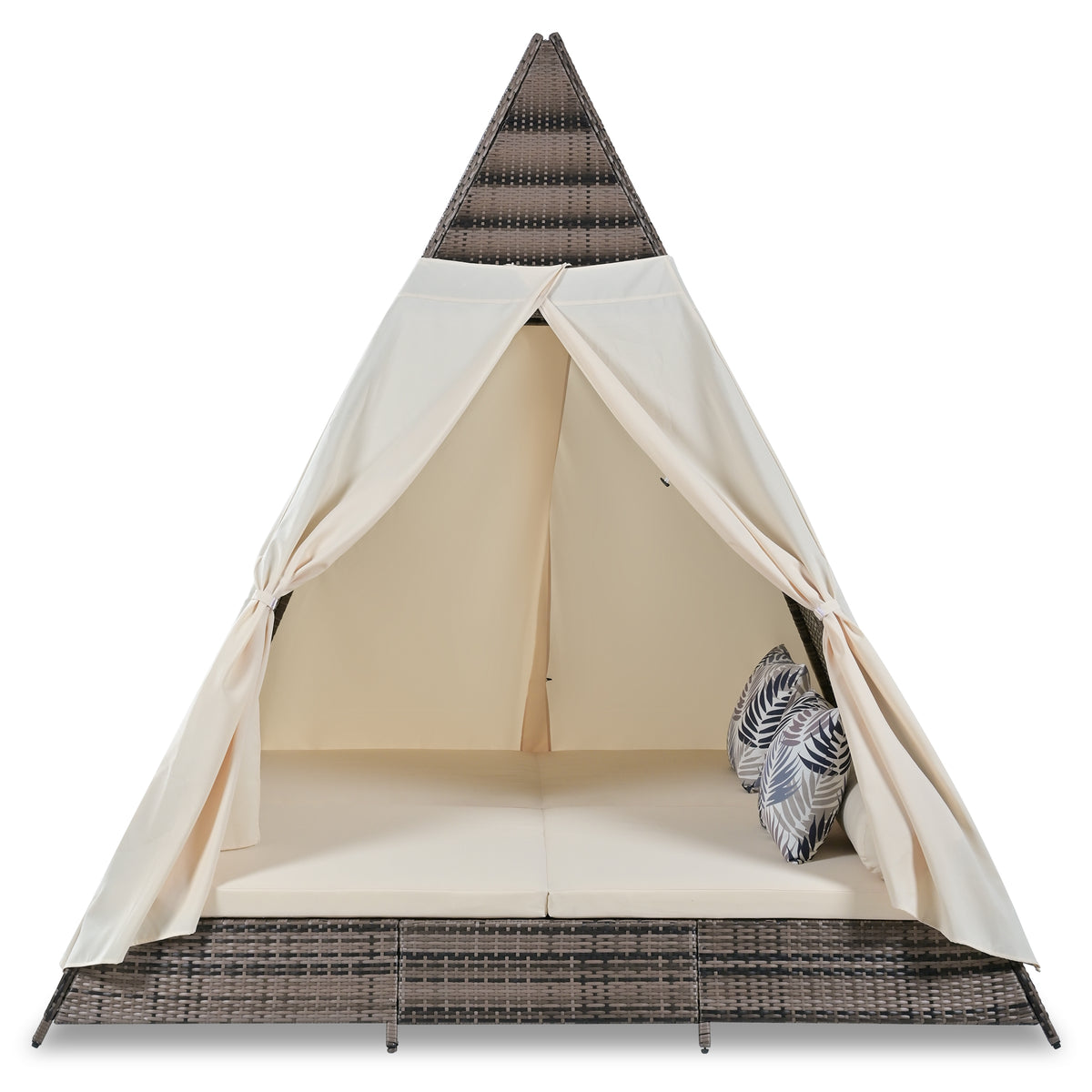 90.5" Length Outdoor Sunbed With Colorful Pillows, Wicker Patio Daybed With Cushions, Tent Shape, Brown And Beige Yes Beige Wicker