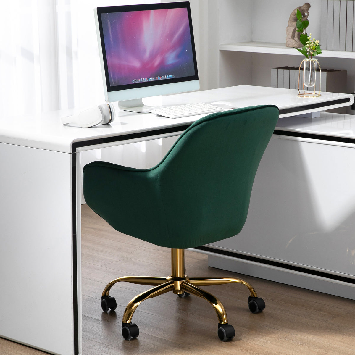 360 Green Velvet Swivel Chair With High Back, Adjustable Working Chair With Golden Color Base Green Velvet