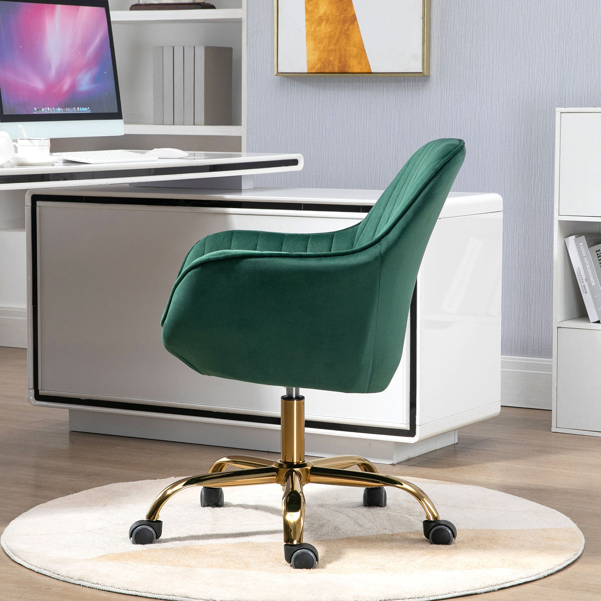 360 Green Velvet Swivel Chair With High Back, Adjustable Working Chair With Golden Color Base Green Velvet