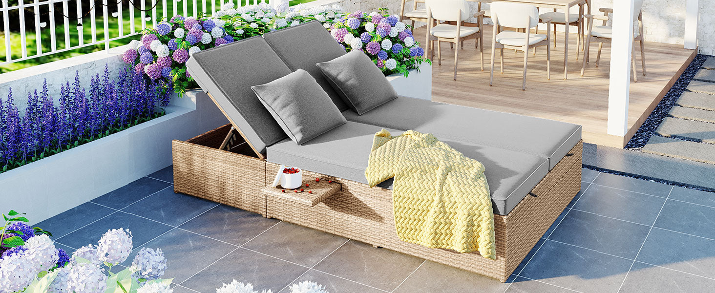 Outdoor Double Sunbed, Wicker Rattan Patio Reclining Chairs With Adjustable Backrest And Seat, Conversational Set For 2 Person, Brown Yes Complete Patio Set Brown Water Resistant Frame Water Resistant Cushion Garden & Outdoor Casual Complete Patio Sets