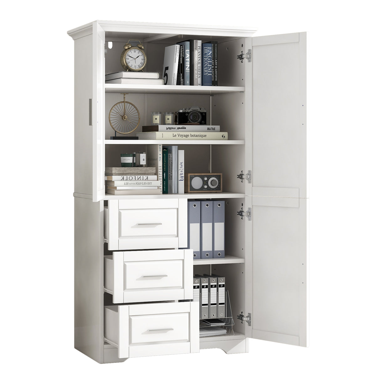 Tall And Wide Storage Cabinet With Doors For Bathroom Office, Three Drawers, White White Mdf