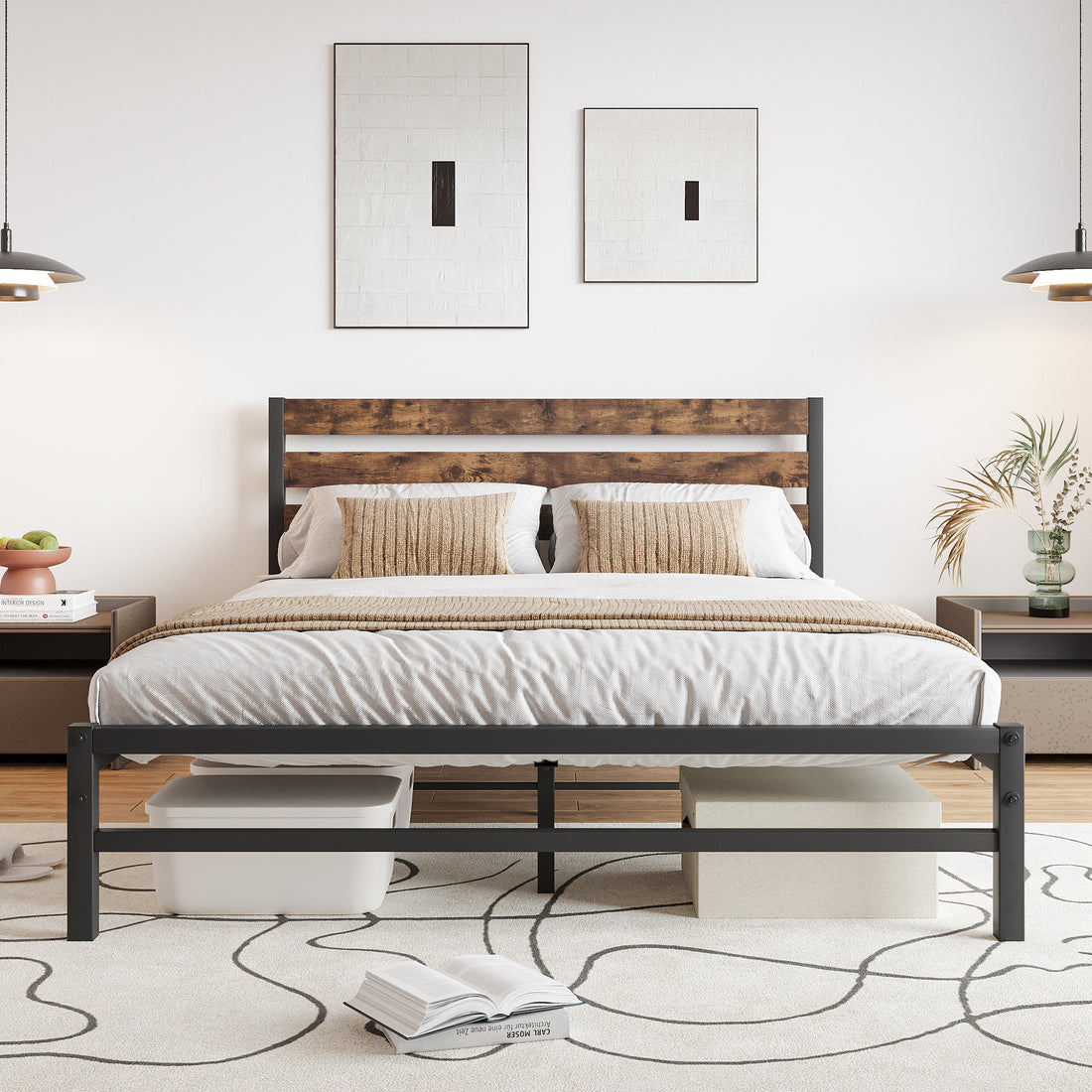Queen Size Platform Bed Frame With Rustic Vintage Wood Headboard, Strong Metal Slats Support Mattress Foundation, No Box Spring Needed Rustic Brown Box Spring Not Required Queen Black Metal Brown Bedroom Bed Frame Metal & Wood