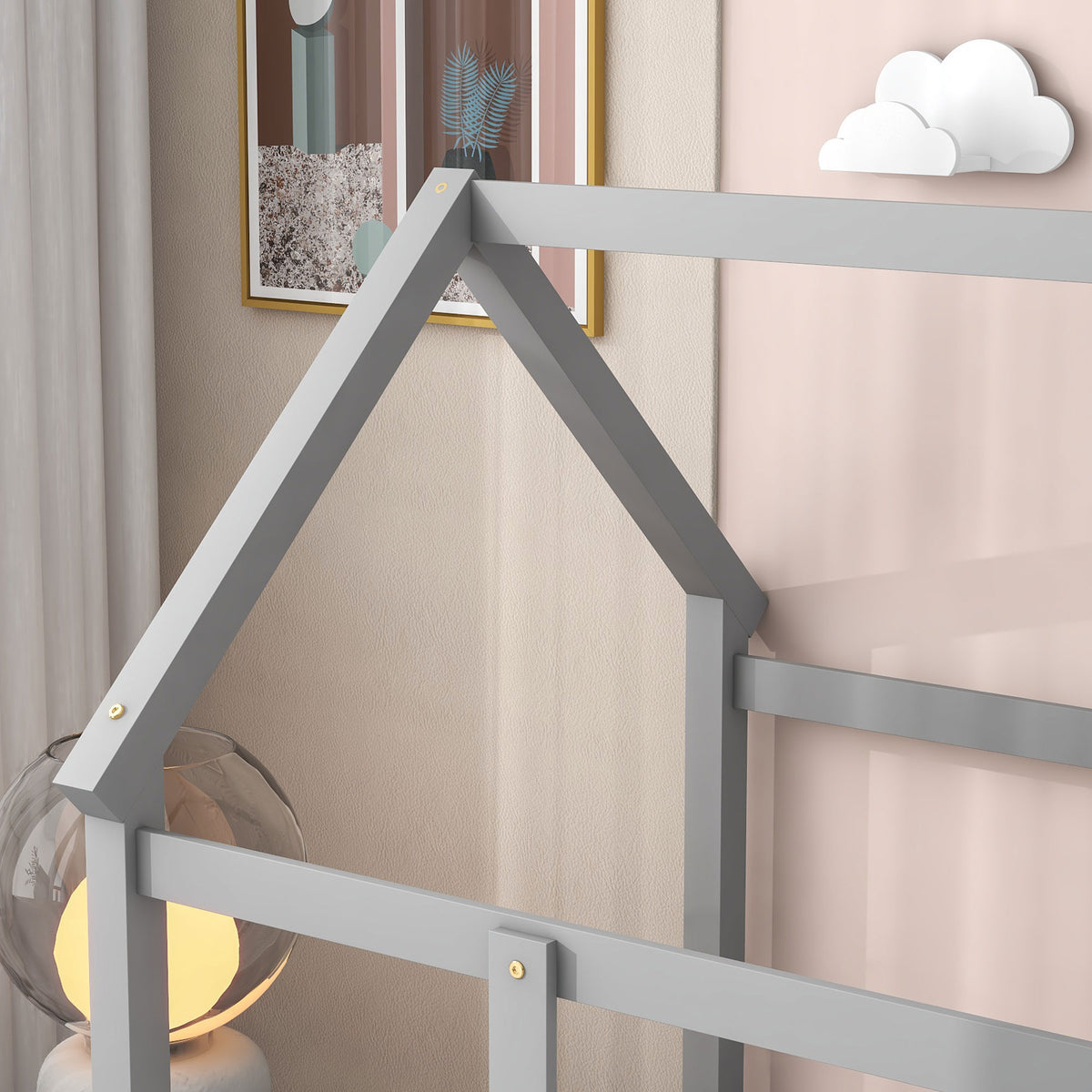 Twin Size Floor Wooden Bed With House Roof Frame, Fence Guardrails,Grey Old Sku:W50471471 Twin Grey Pine