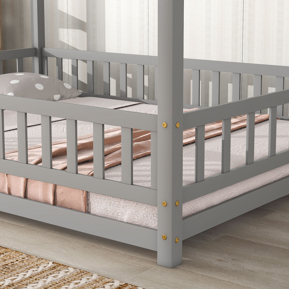Full Size Floor Wooden Bed With House Roof Frame, Fence Guardrails ,Grey Old Sku:W50471474 Full Grey Pine
