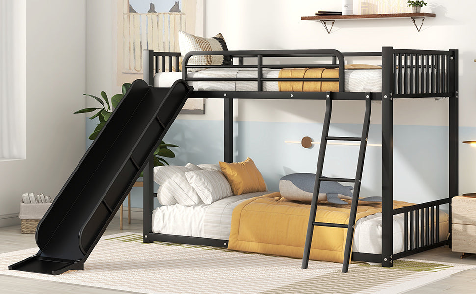 Metal Bunk Bed With Slide, Twin Over Twin, Black Box Spring Not Required Black Metal Bedroom Metal