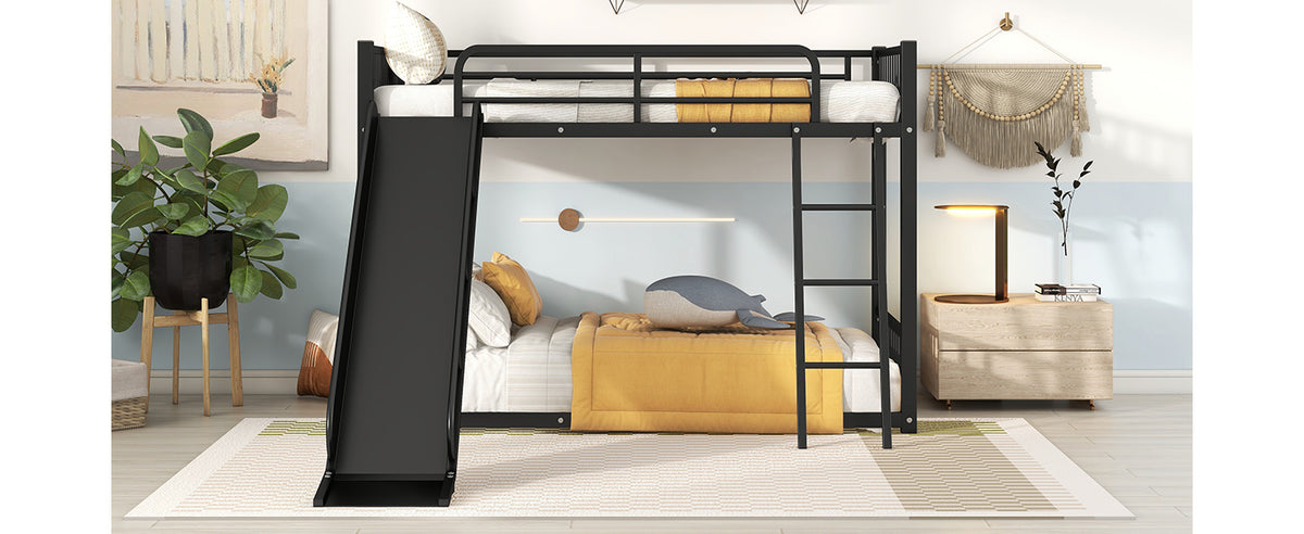 Metal Bunk Bed With Slide, Twin Over Twin, Black Box Spring Not Required Black Metal Bedroom Metal
