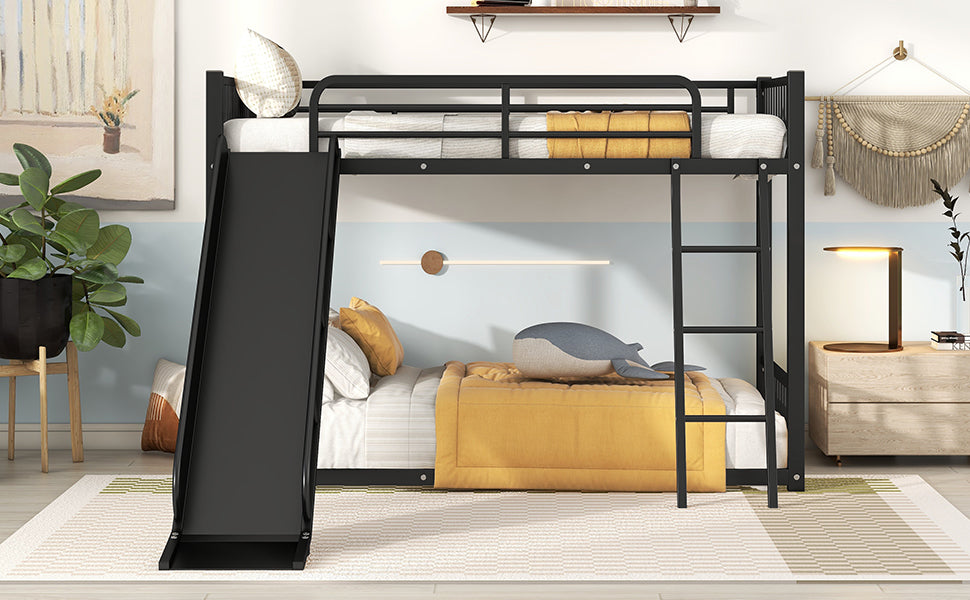 Metal Bunk Bed With Slide, Twin Over Twin, Black Box Spring Not Required Black Metal Bedroom Metal