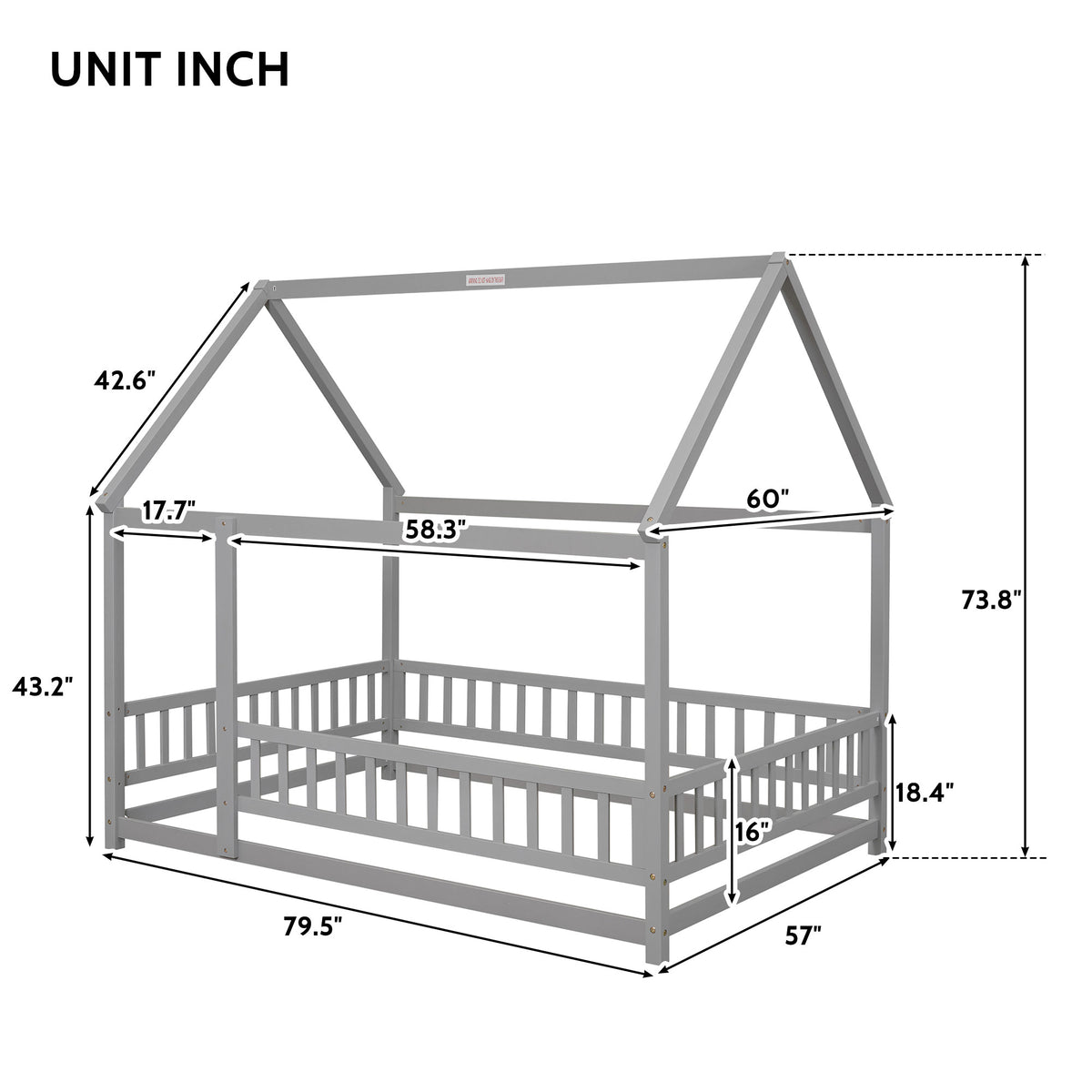 Full Size Floor Wooden Bed With House Roof Frame, Fence Guardrails ,Grey Old Sku:W50471474 Full Grey Pine