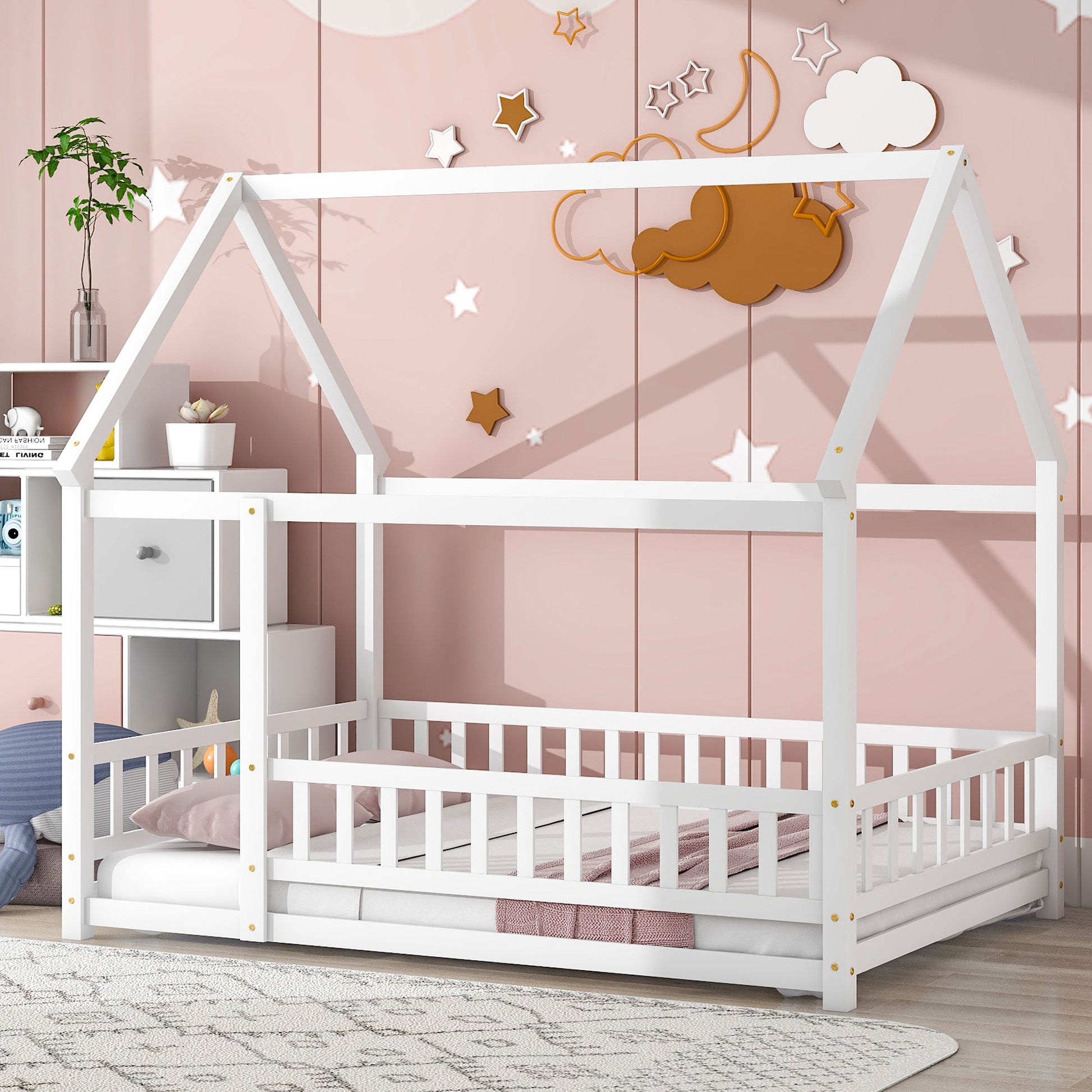 Full Size Floor Wooden Bed With House Roof Frame, Fence Guardrails ,White Old Sku:W50471475 Full White Pine