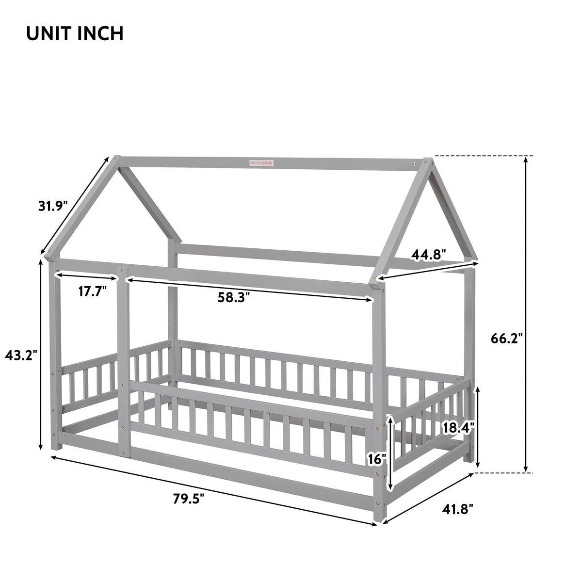 Twin Size Floor Wooden Bed With House Roof Frame, Fence Guardrails,Grey Old Sku:W50471471 Twin Grey Pine