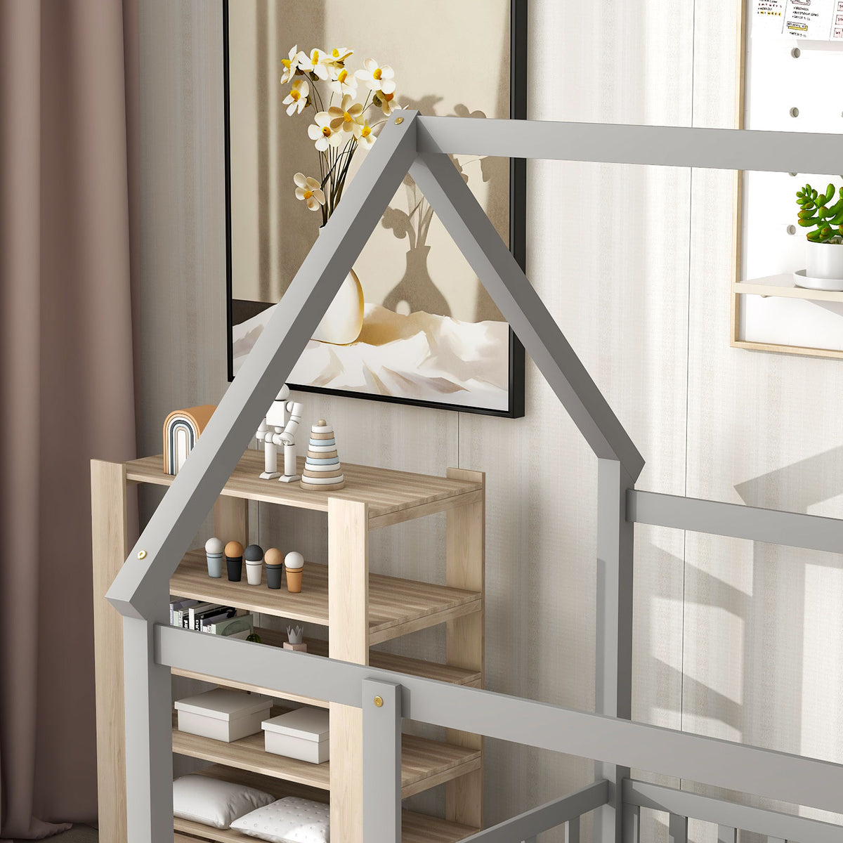 Full Size Floor Wooden Bed With House Roof Frame, Fence Guardrails ,Grey Old Sku:W50471474 Full Grey Pine