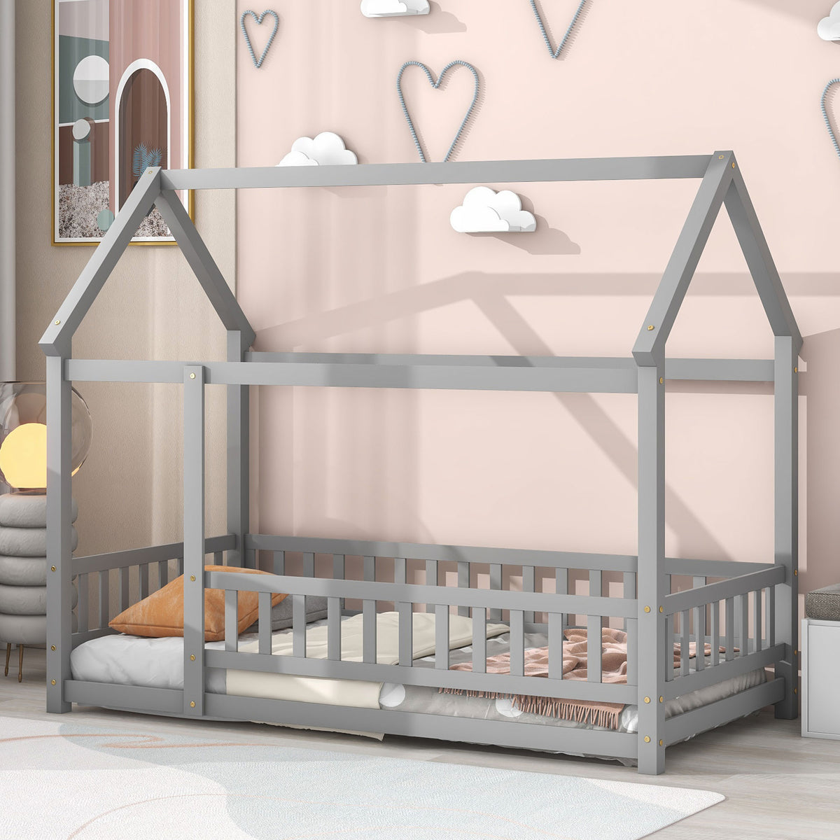 Twin Size Floor Wooden Bed With House Roof Frame, Fence Guardrails,Grey Old Sku:W50471471 Twin Grey Pine
