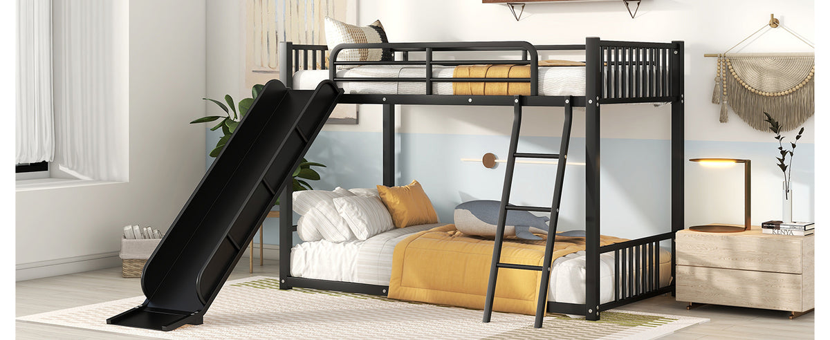 Metal Bunk Bed With Slide, Twin Over Twin, Black Box Spring Not Required Black Metal Bedroom Metal