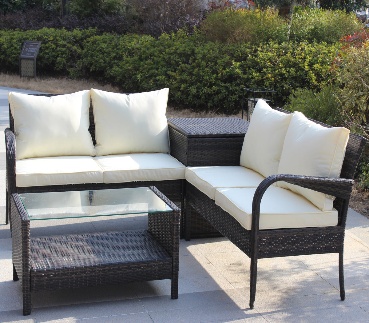 4 Piece Patio Sectional Wicker Rattan Outdoor Furniture Sofa Set With Storage Box Brown Brown Iron