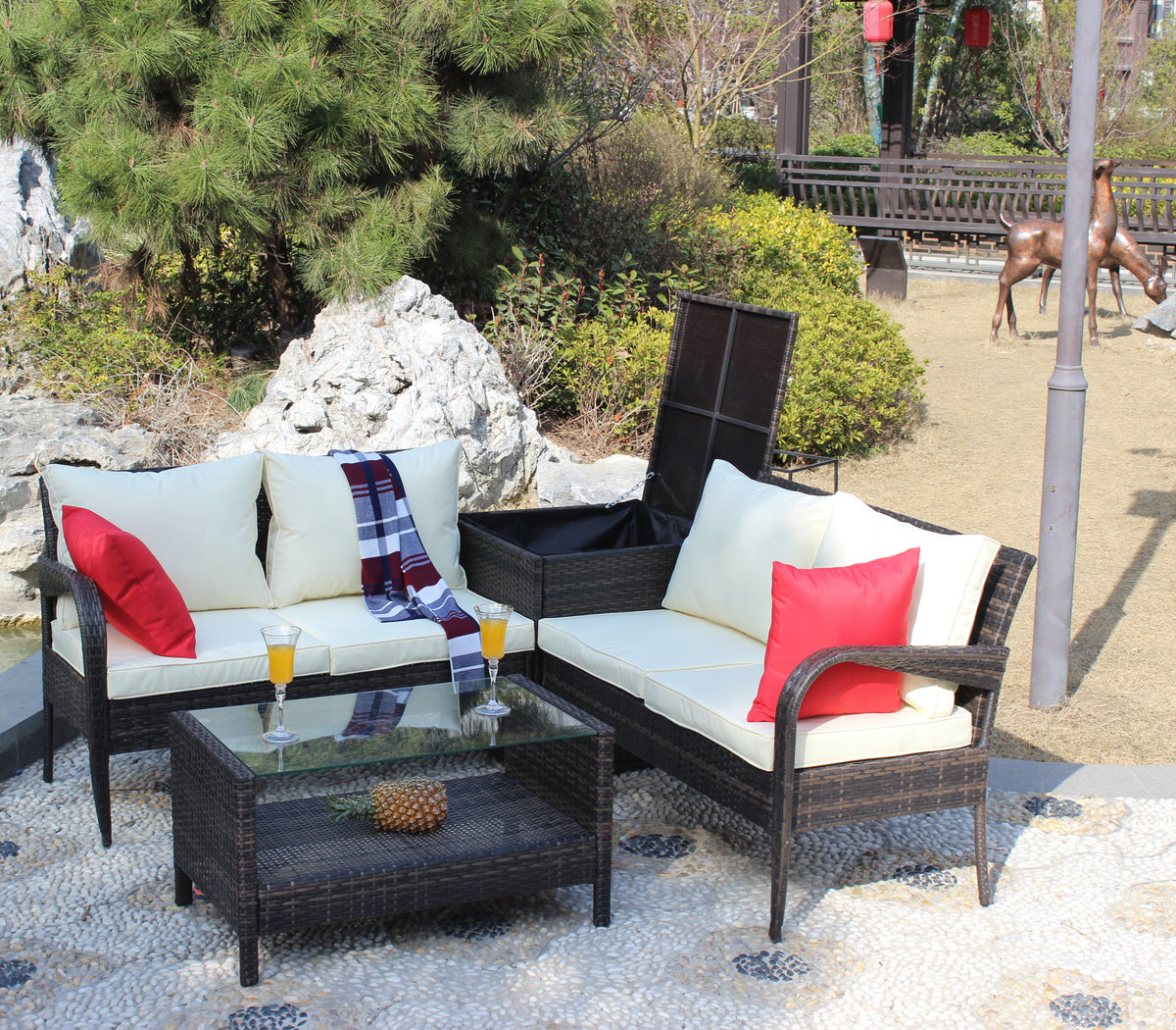 4 Piece Patio Sectional Wicker Rattan Outdoor Furniture Sofa Set With Storage Box Brown Brown Iron