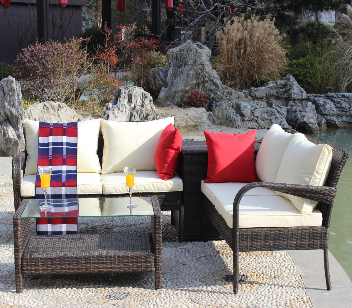 4 Piece Patio Sectional Wicker Rattan Outdoor Furniture Sofa Set With Storage Box Brown Brown Iron